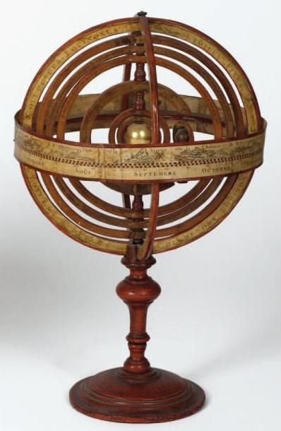 Sphère armillaire bois et carton de type COPERNIC, avec au centre le solei