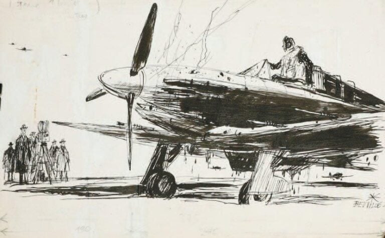 « Spitfire devant la caméra » Encre sur papier, signée en bas à droite et réalisée pour la revue Icar