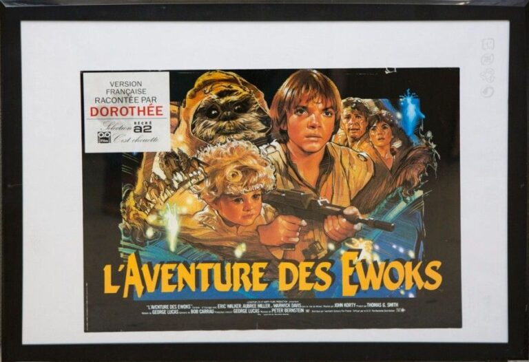 Star Wars / L'Aventure des Ewoks Affiche Lalande courbet avec Sticker A2 Raconté par Dorothée 53 x 39 cm Occasion encadré 1984 France Petite déchirure en haut