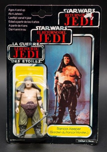 Star Wars Meccano - ROTJ Tri Logo - Rancor Keeper Neuf en carte 1983 Macao bulle enfoncée, déchirure d'etiquette de prix