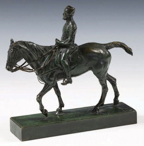 Statuette en bronze à patine verte nuancée représentant un cosaque à cheval, appelée parfois statue équestre de Nicolas I