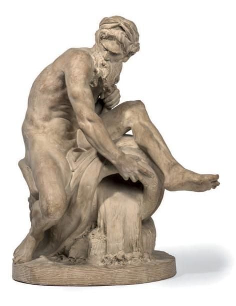 Statuette en terre cuite représentant une allégorie d'un fleuve; le personnage barbu est figuré assis sur une urne de laquelle se déverse de l'ea
