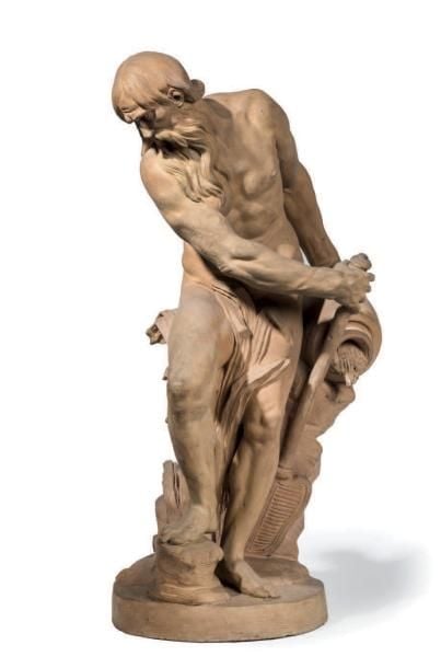 Statuette en terre cuite représentant une allégorie d'un fleuve sous la forme d'un homme debout près d'un enrochement tenant d'une main une urne de laquelle se déverse de l'eau et de l'autre un aviro