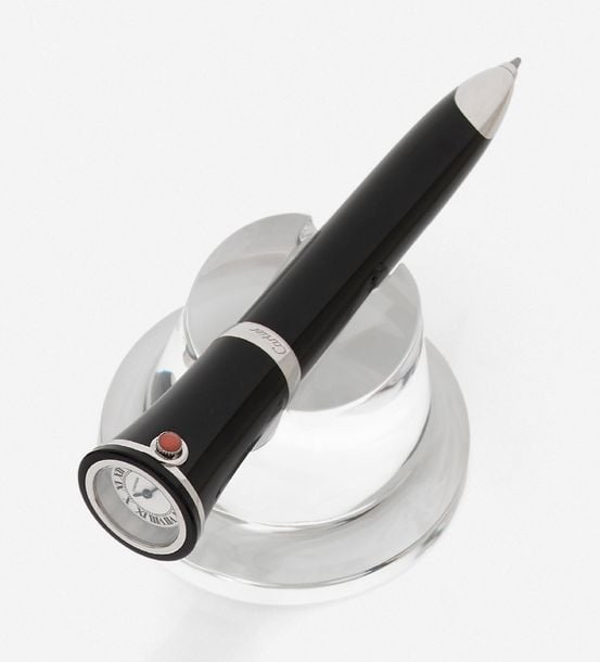 STYLO BILLE - MONTRE en acier et laque noire, et son SOCLE à base circulaire en crista