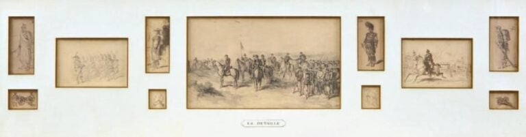 Suite de 11 dessins au crayon, plume et encre brune représentant des études de militaires