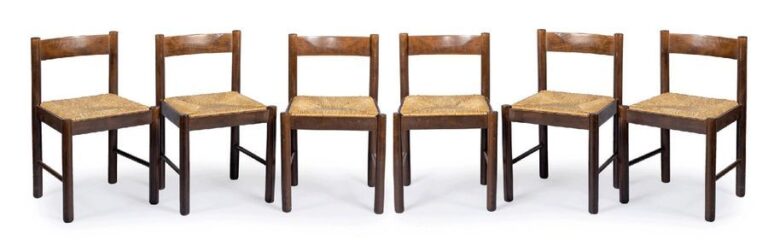 Suite de 6 chaises en bois naturel, dossier bandeau, assise paillé
