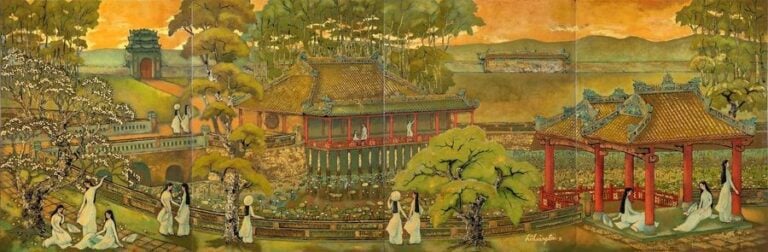 SUITE DE QUATRE (4) PANNEAUX EN BOIS LAQUE PAR HO HOANG DAI (1937-)