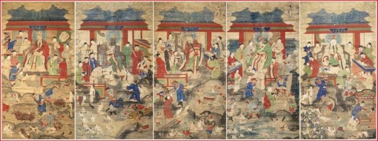 SUITE / SERIE DE CINQ (5) PEINTURES DEPEIGNANT LES DIEUX TAOISTES DE L’ENFER