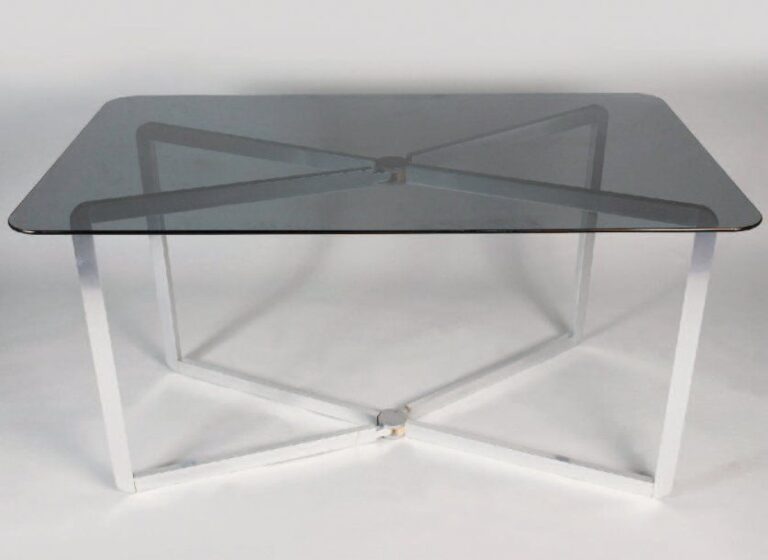 Table à piètement pivotant en aluminium anodisé avec plateau de verre rectangulair