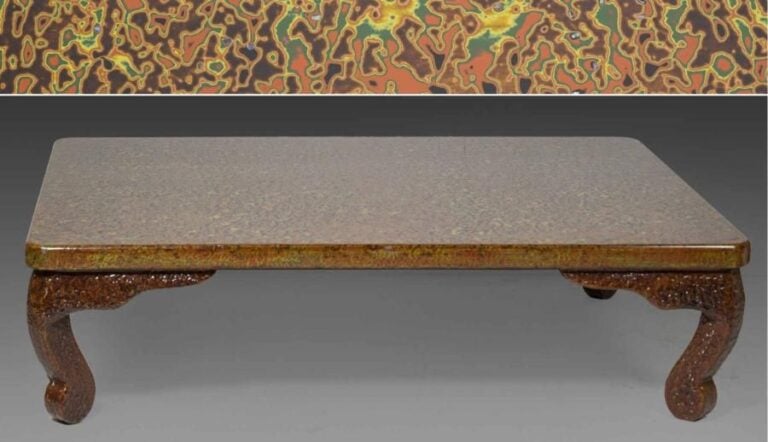 TABLE BASSE QUANDRANGULAIRE EN LAQUE DE TYPE WAKASA-NURI, KANG Japon, Epoque XXe siècle, Période Taisho Dans le style chinois, à plateau quadrangulaire, épaule à ressaut et pieds épais à enroulement