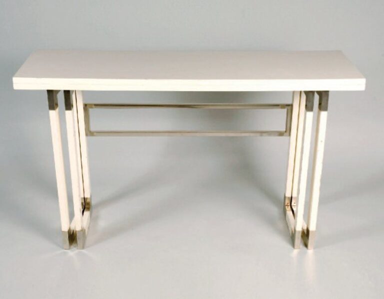 Table console à système, de forme rectangulaire en bois et acier nickel