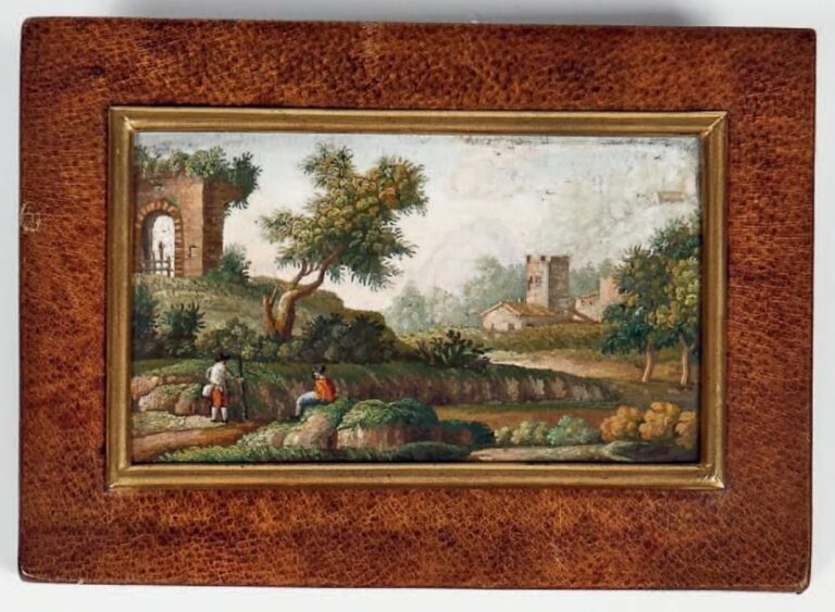 Tableautin en micro-mosaïque, figurant une scène pastorale dans une perspective de ruines ou de château Fin du XVIIIe siècle Remonté dans un cadre 4,2 x 7,5 cm