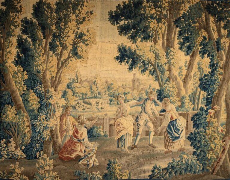 Tapisserie représentant six personnages jouant à Colin-Maillard dans un environnement de parc, en arrière-plan un château et une cascad