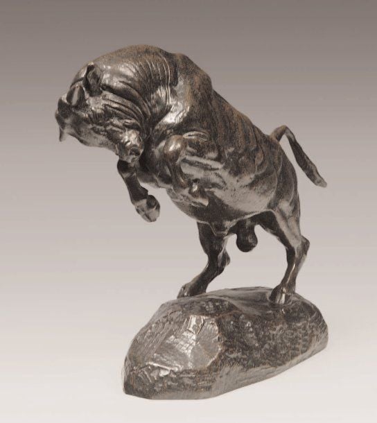 Taureau cabré Bronze à patine brune, signé sur la terrasse Fonte ancienne Barbedienne Ht : 22 cm Reproduit dans : « Les Bronzes du XIXe » de