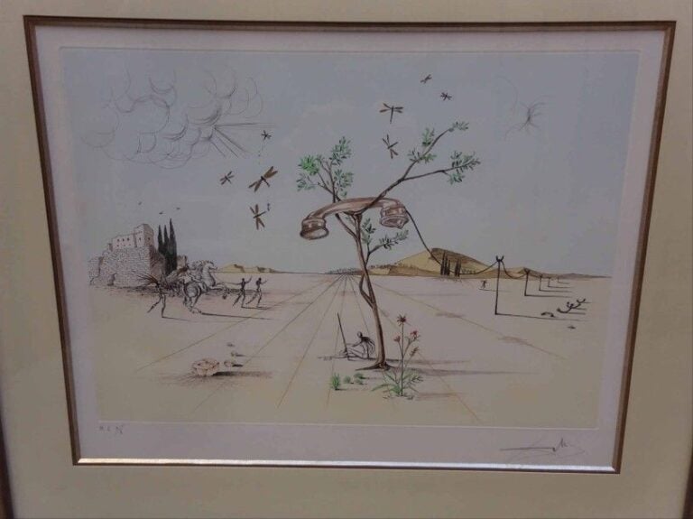 Téléphone dans un paysage surréaliste Lithographie encadrée et sous-verre