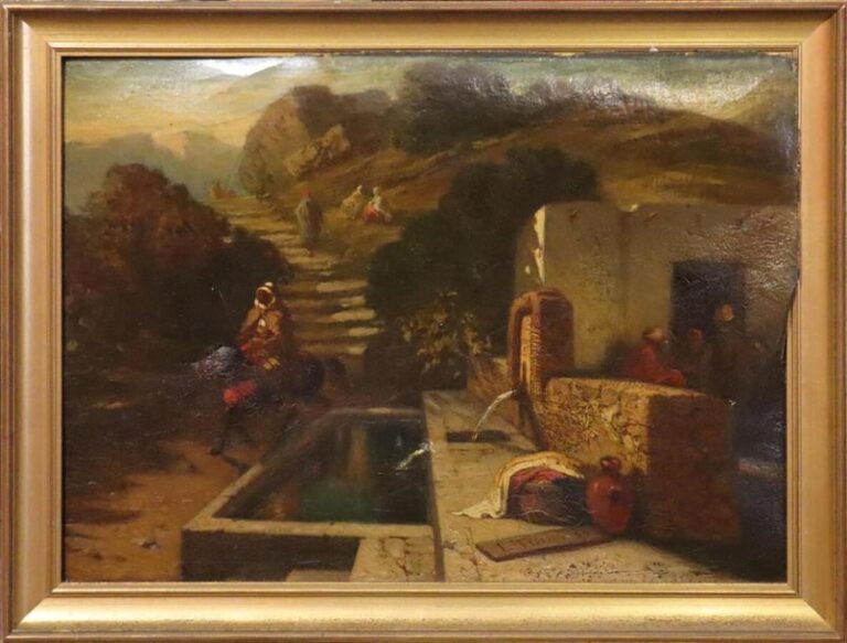 TESSON Louis « Fontaine au Maghreb » huile sur toile signée en bas et datée 60 - 31x40,5 (accidents)