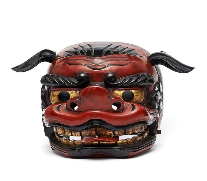 Tête de lion en bois avec oreilles et langue amovibles, utilisée pour la dance du lion (shishimai