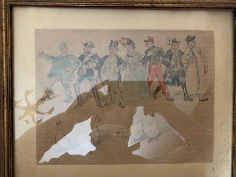 TILLEZ ?  « Farandole de personnages » Encre et aquarelle sur papie