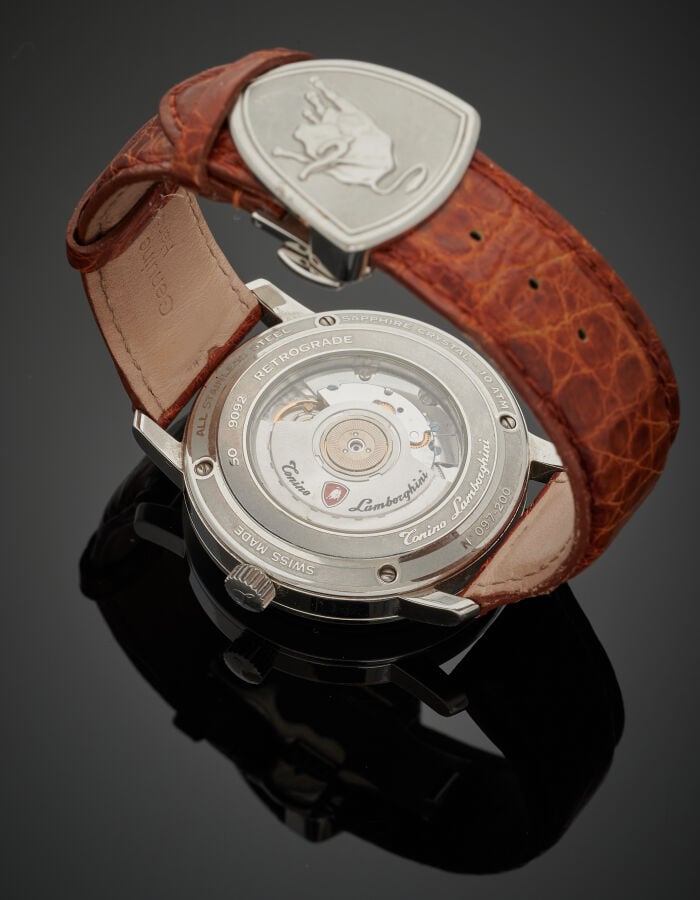TONINO LAMBORGHINI - Important BRACELET MONTRE "Retrograde" en acier. Cadran cr…