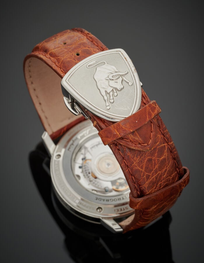 TONINO LAMBORGHINI - Important BRACELET MONTRE "Retrograde" en acier. Cadran cr…