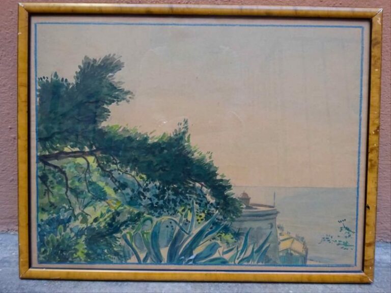 Tony MINARTZ (1873-1944) La tour Bellanda vue du château Aquarelle sur papier Signée et située en bas à gauche: Nice 31 x 41 cm