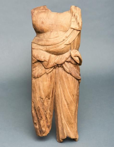 TORSE ET JAMBES en bois naturel étant la partie d'une statue bouddhiste en position debou