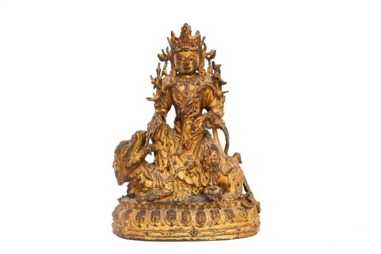 TRES GRANDE SCULPTURE DE MANJUSHRI ?????????  EN ALLIAGE CUIVREUX LAQUE OR