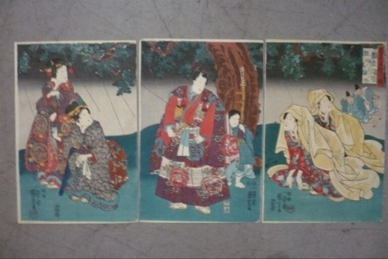 Triptyque aux personnages traditionnels Estampes sur papier Signées 37 x 24,5 cm