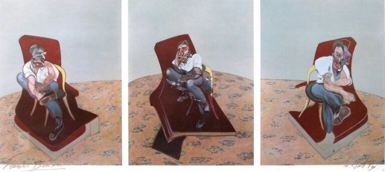Triptyque (d'après l'huile sur toile " trois études pour le portait de Lucian Freud"), Lithographie offset en couleurs de 1966 Epreuve signée en bas à gauche et dédicacée en bas à droite 38 x 83,7 cm