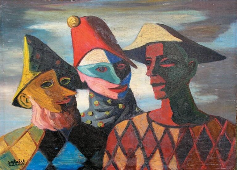 Trois arlequins Huile sur carton Signée en bas à gauche 44,5 x 61 c