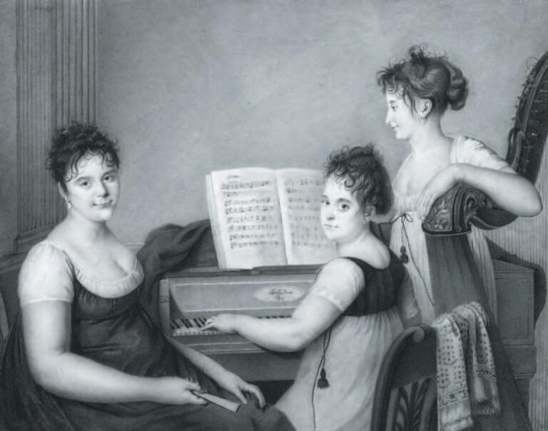 « Trois jeunes filles jouant de la musique » Pierre noire annotée Boilly Pinxit et daté 1804 sur le piano forte 31 x 39,5 cm Provenance: Collection privée