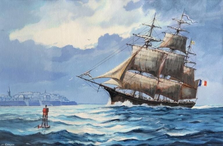 «Trois-mâts arrivant à Saint-Malo» Gouache signée en bas à gauch