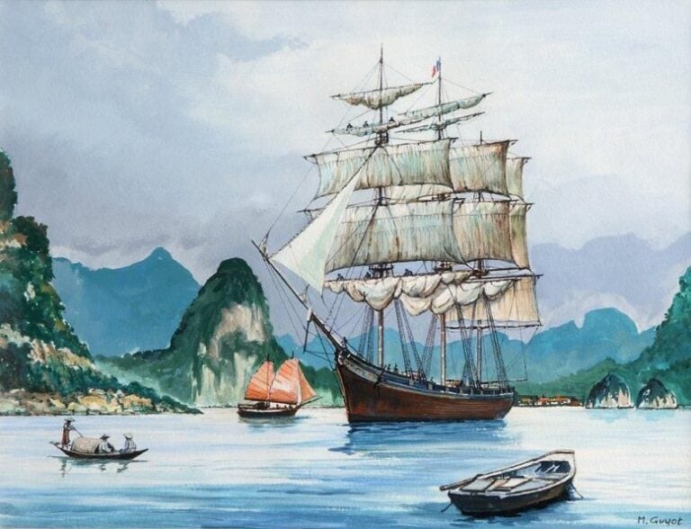 «Trois-mâts dans la baie d'Along» Gouache signée en bas à droit