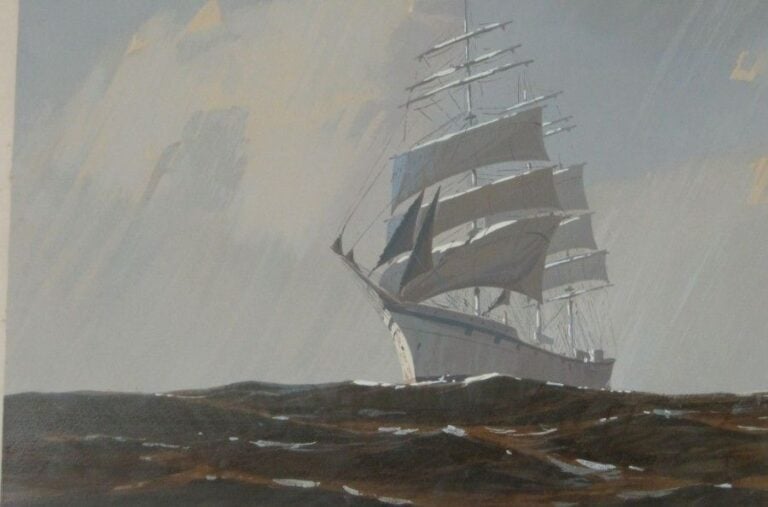 «Trois-mâts sous voiles, vu par bâbord» Gouache au pochoir, signée dans la marg