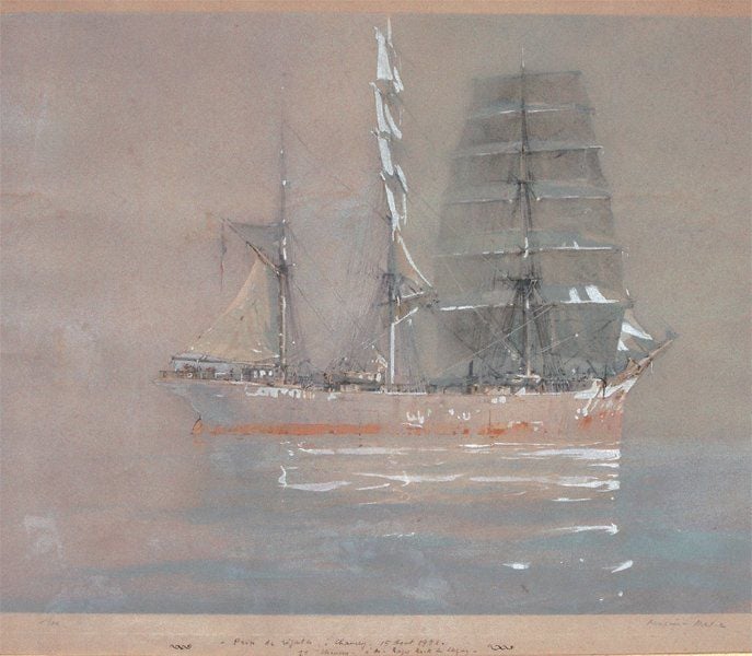 « Trois mâts sur une mer calme » Grande lithographie réhaussée à la gouache et à l'aquarell