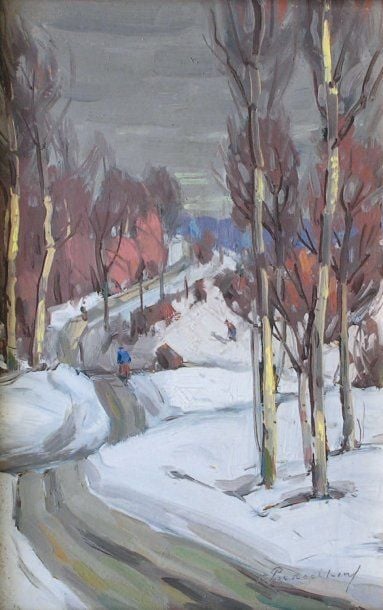 Trois oeuvres: a) Dans un parc Huile sur toile marouflée sur carton Signée en bas à droite 20 x 91 cm b) La forêt Huile sur papie
