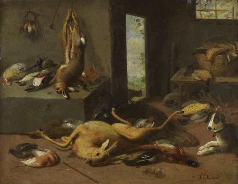 Trophées de gibier dans un intérieur de cuisine Huile sur cuivr