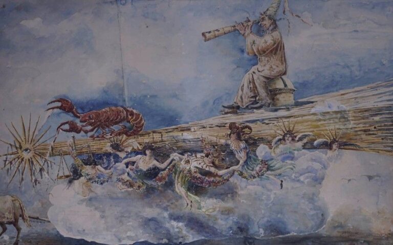 Trophime VÉRANY (1818-1903) Projet de char de carnaval au homard Aquarelle sur montage de papiers Signée en bas à droite Dans un encadrement et sous verre (non ouvert) 65,5 x 104 cm (à vue) (tache, petites déchirures)