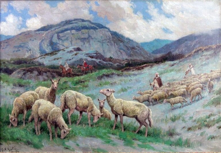 Troupeau de moutons en Afrique du Nord Huile sur toile, signée et datée 42 en bas à gauche 38 x 55 cm