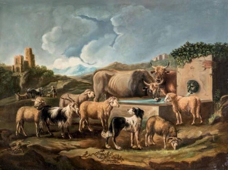 Troupeau de vaches, moutons se désaltérant à l'abreuvoir