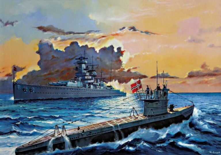 « U-BOOT et le cuirassé Graf Spee » Gouache sur papier signée à droit