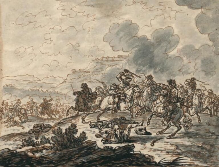«UN CHOC DE CAVALERIE» Plume, encre noire et lavis gris 16,5 x 21 cm