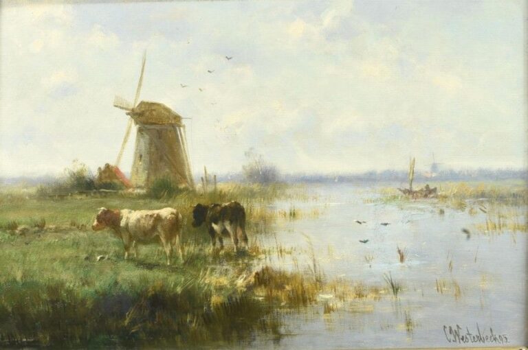 Vaches et moulin au bord d'un canal