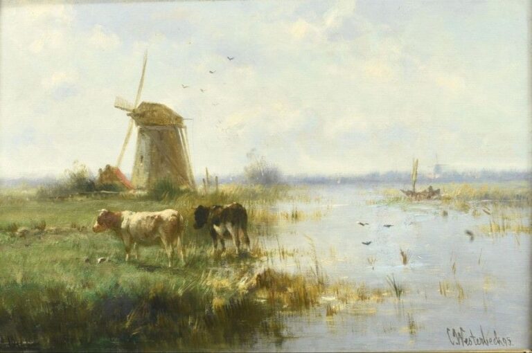 Vaches et moulin au bord d'un canal Huile sur toile Signée et datée en bas à droite: 95 33 x 48 cm (ancienne restauration)