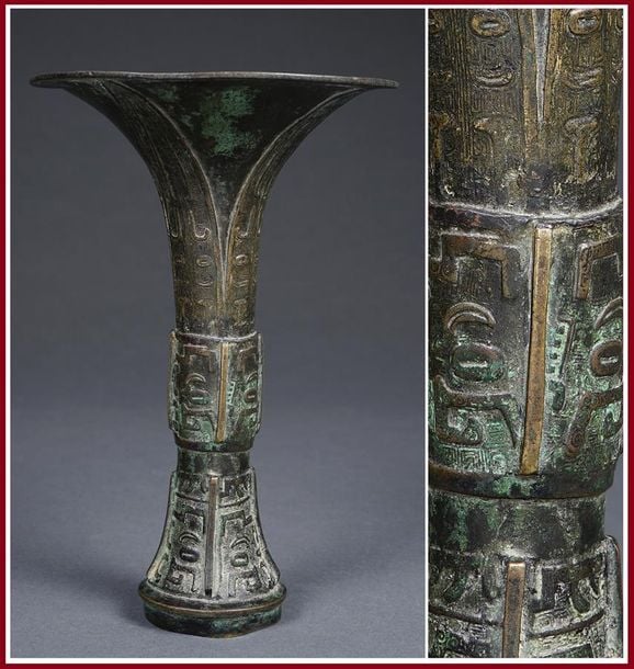 .VAISSELLE ARCHAÏSANTE EN BRONZE A PATINE MARRON VERT-DE-GRIS, GU