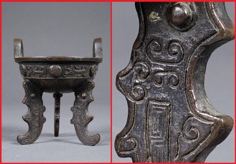 VAISSELLE ARCHAISANTE TRIPODE EN BRONZE A PATINE BRUNE, DING