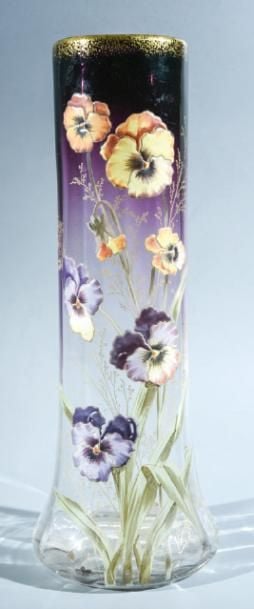 Vase à col cylindrique en verre à dégradé violet en partie haute et décor émaillé de pensée