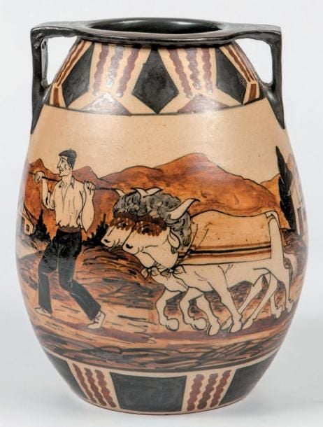 VASE BURSIFORME en grès à anses carrées et col ourlé, à décor émaillé sur fond beige d'une scène tournante de paysans de retour des champ