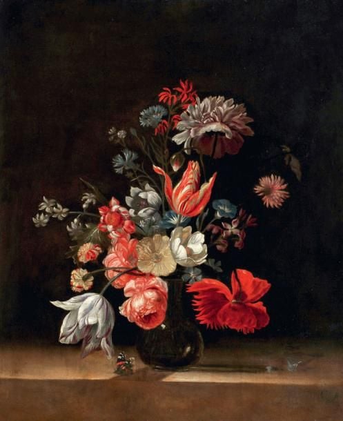 VASE DE FLEURS SUR UN ENTABLEMENT DE PIERRE