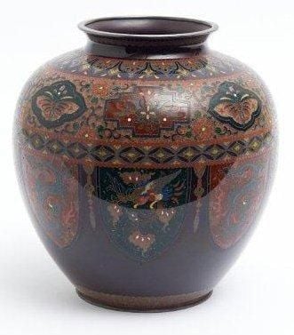 Vase de forme globulaire en cloisonné de couleur marron fonc